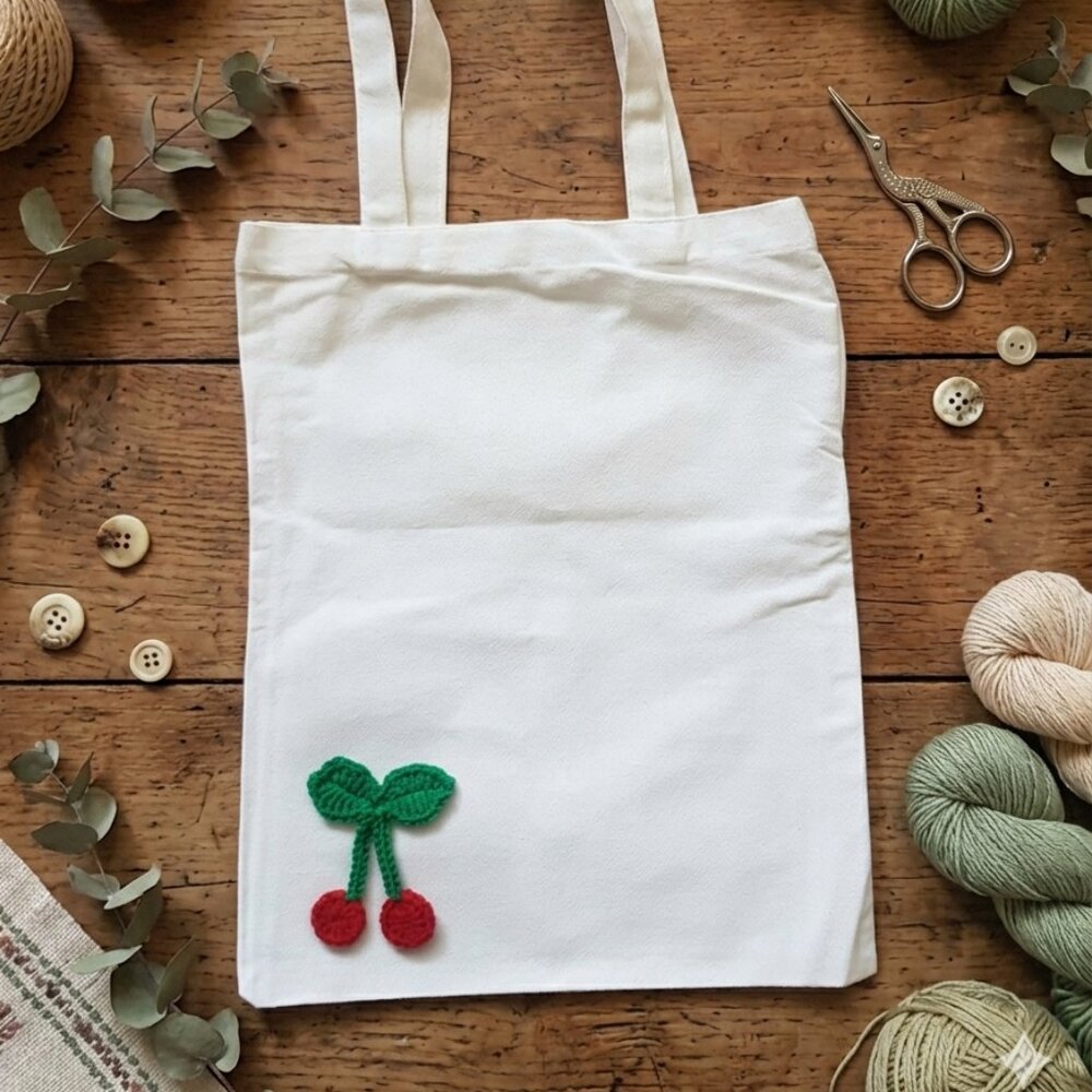 Handmade  Crochet Cherry  PatchTote Bag New